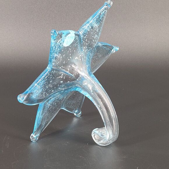 Murano Style Art Glass Six Petal Flower Vase Decor Blue - Picture 4 of 4